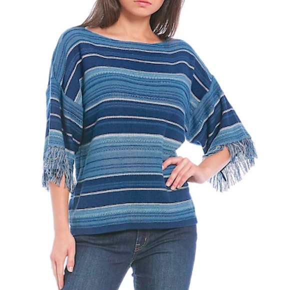 Ralph Lauren Striped Serape Fringed Short Sleeve Sweater - Picture 2 of 14